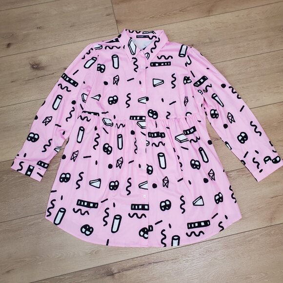 Women Plus 1X Shein Curve Pink Baby Doll Blouse Top Pink Cartoon Print Button Up - Picture 1 of 13